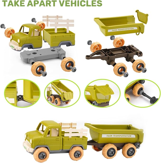 Play Sand Farm Toys, Farm Sensory Bins with 2.2lb Play Sand, Animal, Take Apart Truck Trailer Playset, Creativity Sandbox Toys with Lid for Kids 3 4 5 6 Years Old