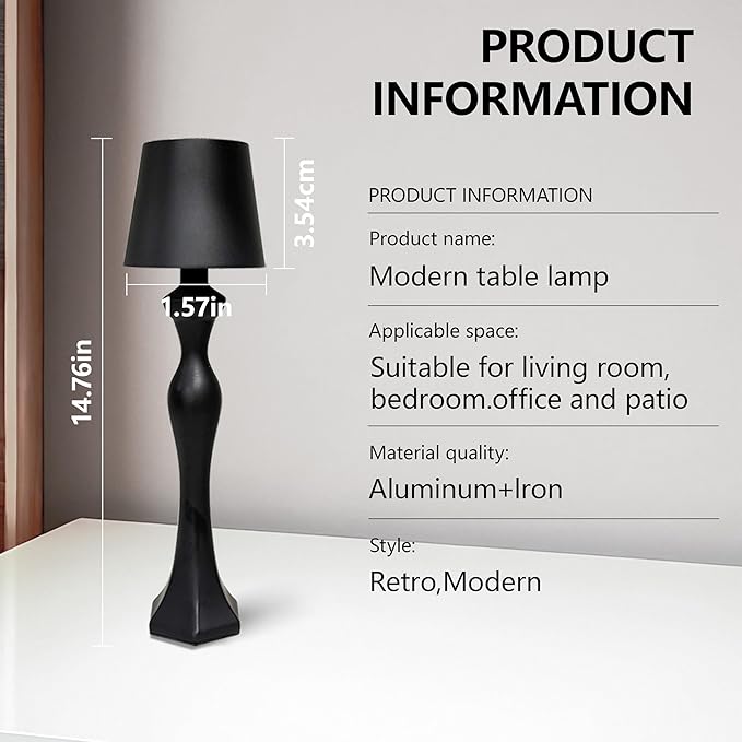 Cordless Table Lamp, 5200mAh Rechargeable Battery LED Touch wireless Lamp, 3 Color Changing & Stepless Dimmer, Decorative Portable Nightstand Lamp for Bedroom Living Room Outdoor kitchen（2 Pack Black）