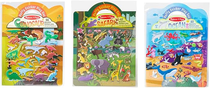 Melissa & Doug Puffy Sticker Activity Books Set of 3 – Safari, Dinosaur & Ocean, with 118 Reusable Puffy Stickers and Fold-Out Scenes, Mess Free Play Set & Travel Toys for Kids Ages 4+ - FSC Certified