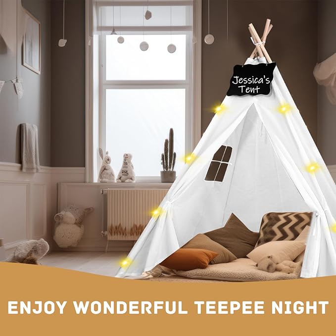 6pcs Teepee Tents Set with Markeable Small Blackboards and 10FT String Lights, Foldable Indoor Outdoor Play Teepee Tent for Girls & Boys, for Birthday Party Boho Sleepovers Party (White)