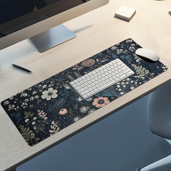 Dark Flower, Floral Plants Mouse Pad, Aesthetic Wildflowers Desk Pad, Gaming Mouse Pad, Non-Slip Rubber Base, Stitched Edges，31.5x11.8 inch Computer Mouse Mat Keyboard for Home Office