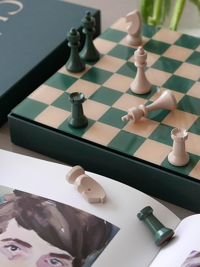 Printworks Classic Chess – Green Wooden Chess Set with Acrylic Board – Stylish Coffee Table Game for Adults & Kids Ages 5+ – Multilingual Instructions Included