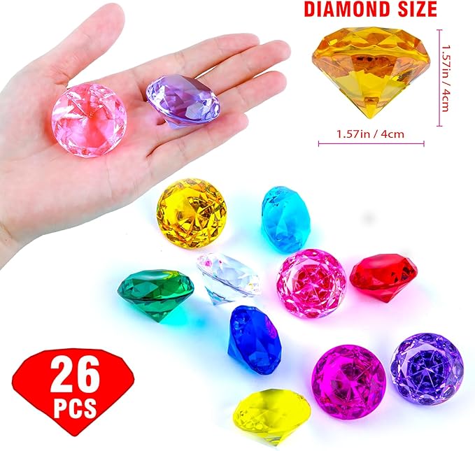 Niceup 26PCS Orange Fake Diamonds Big Gem Toys, 1.5in Pool Diving Gems Acrylic Plastic Gemstones for Kids, Party Décor Jewels Treasure Hunt Hiding Sensory Bin Filler Toys Craft Supplies