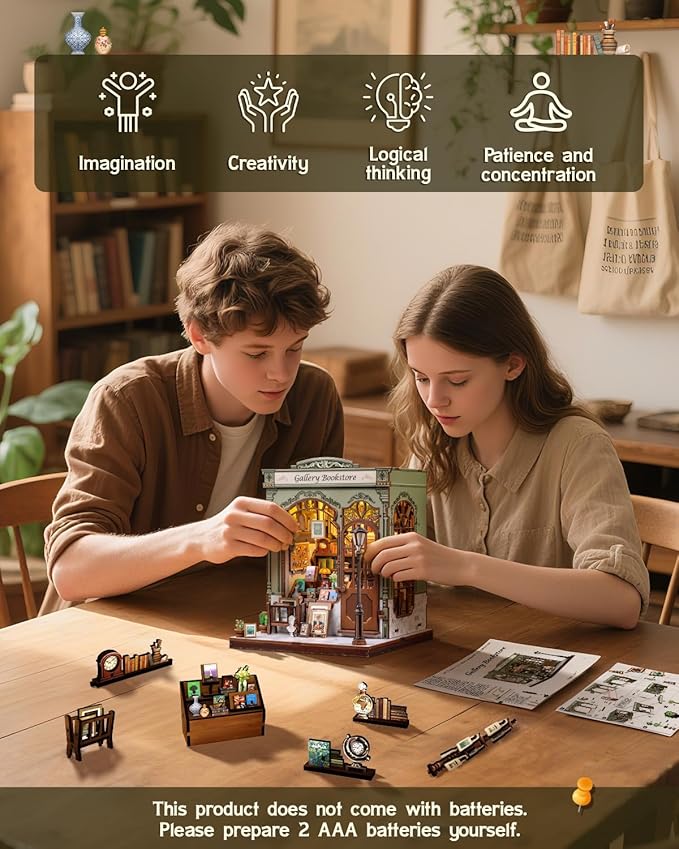 CUTEBEE DIY Book Nook Kit, Miniature House Kits for Adult and Teens, DIY Miniature Book Nook kit with Sensor Led Light, Gifts for Lovers and Family (Gallery Bookstore)