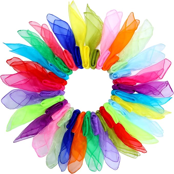 Colovis 30 Pack Dance Scarves,15 Colors Square Juggling Scarf Props Magic Trick Silk Scarves Music Movement Scarf for Kids to Play with, 24 by 24 Inches