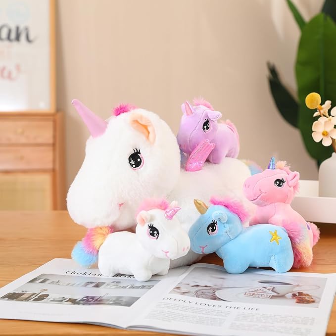 SQEQE Unicorn Toys Stuffed Animal 5 in 1, Plush Toy Rainbow Flying Unicorns with Wings for Christmas, Valentine's, Birthday Gifts, Plushies Unicorn Pillow with 4 Babies in Her Tummy for Girls Age 4-8