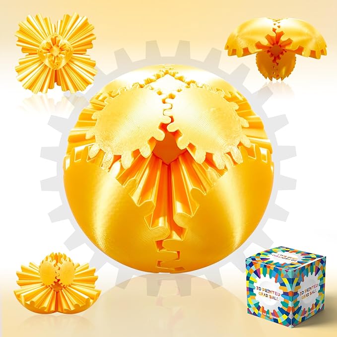 Gear Ball-3D Printed Gear Sphere,3D Printed Spin Ball Cube Fidget Toy,The Steampunk Whirling Wonder Fidget Ball Toy (Gold)