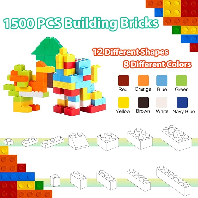 1500PCS Building Bricks, Classic Bulk Building Blocks with 2 Pack 24x24 Studs Baseplates, Compatible with All Major Brands