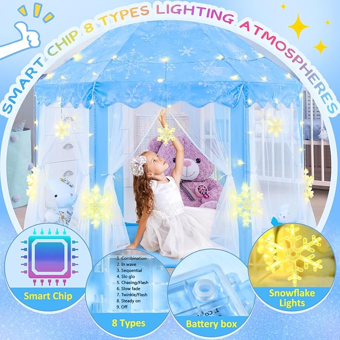 EVOIONOS Frozen Princess Tent for Girls, Play Tent with Large Snowflake Lights for Kids, Castle Playhouse for Children Indoor Outdoor Games, 55 x 53 inches, Blue