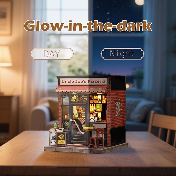 Fsolis Book Nook Kit - 3D Wood Puzzles for Adults, 285 pcs, DIY Bookshelf Scene Miniature Kit, Tiny House Mini Craft Model Gifts for Women (Uncle Joe's Pizzeria)