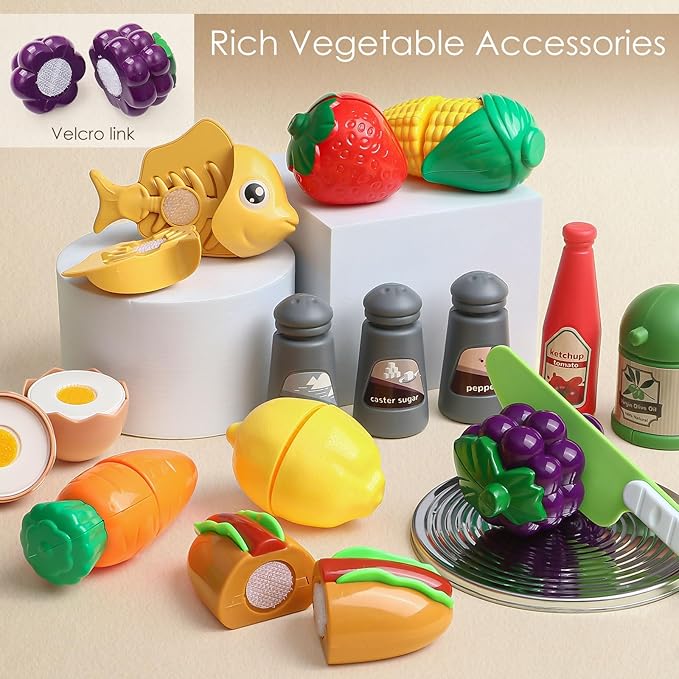 Golray Play Kitchen Accessories, Play Food Sets for Kids Kitchen Playset with Pots and Pans Set, Cooking Utensils, Organizer, Food Toys, Apron & Condiments, Birthday Gifts for Girls Boys Toddlers