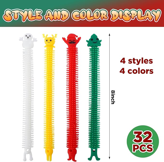 32 Pcs Christmas Stretchy Strings Fidget Toys, Colorful Stretchy Fidgets Sensory Toys, Stress Relief Stretch Sensory Bracelet String with Xmas Tree Santa Claus Snowman Elk for Party Favors (Convex)