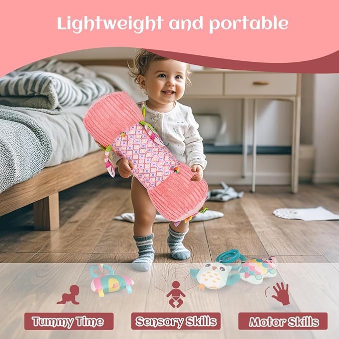 Inflatable Baby Tummy Time Toys Pillow for Newborn, Montessori Baby Sensory Toys Roller with Detachable Mirror, Squeaker, Teether & Rattle, Help with Early Development 3-6 Months (Unicorn)