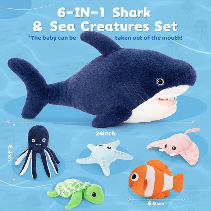 MaoGoLan Soft Shark Stuffed Animals in Bulk Plush Shark Toys with 5 Sea Animals Inside - Octopus Turtle Clown Fish Starfish Stingray, Kids Party Favors Valentine's Day Christmas