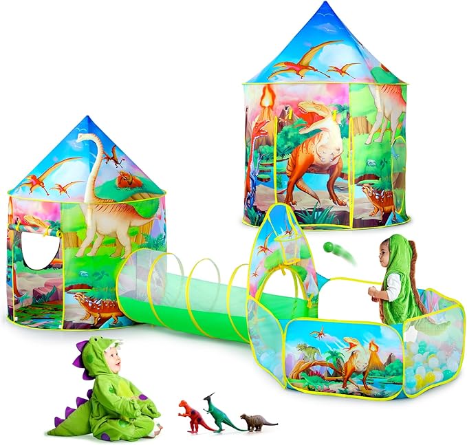 3PC Dinosaur Tent for Girls with Kids Ball Pit, Kids Play Tents and Crawl Tunnel for Toddlers, Pink Pop Up Playhouse Toys for Baby Indoor& Outdoor Tent Games, Birthday Kid’s Gifts