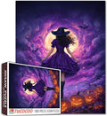 Halloween Witch Puzzle 1000 Pieces for Adults Pumpkin Field Full Moon Night Sky Jigsaw Puzzle Spooky Fall Aesthetic Challenging Puzzles for Women Men Teens Halloween Purple Art Home Decor Gift