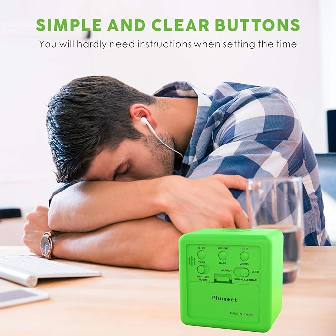 Plumeet Digital Alarm Clock Kids with Snooze and Nightlight - Easy Setting Silicone Clock Display Time, Date - Loud Alarm Clock for Bedroom - Battery Powered (Green)