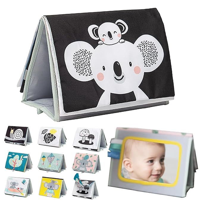 Taf Toys Tummy Time Toys High Contrast Baby Book. Fun, Interactive Crinkle Books for Babies with Mirror & Soft Koala Teether - Baby Tummy Time Book