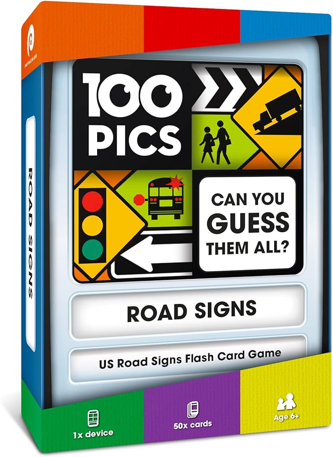 100 PICS US Road Signs Travel Game - Learn 100 Road Signs | Flash Cards with Slide Reveal Case | Card Game, Gift, Stocking Stuffer | Hours of Fun for Kids and Adults | Ages 6+