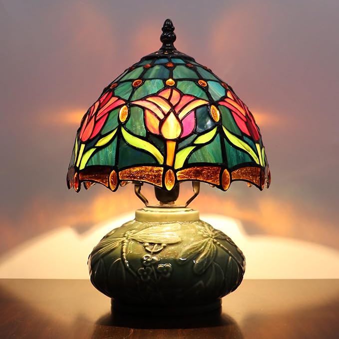 Small Tiffany Lamp Mushroom Table Lamp, Mini Stained Glass Desk Light Memory Sympathy Ceramic lamp 8X11 Inch (Tulip Style)