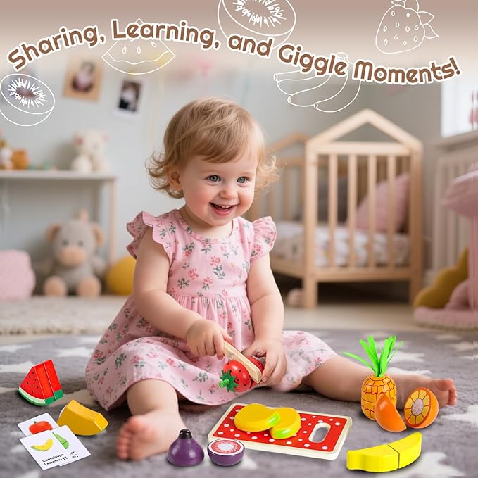 35PCS Wooden Play Food for Toddlers, Pretend Food Toys Play Kitchen Accessories with Storage Basket, Learning Cards, Cutting Food Fruits Toys Montessori Toys Gift for Kids Girls Boys Age 3 4 5 6