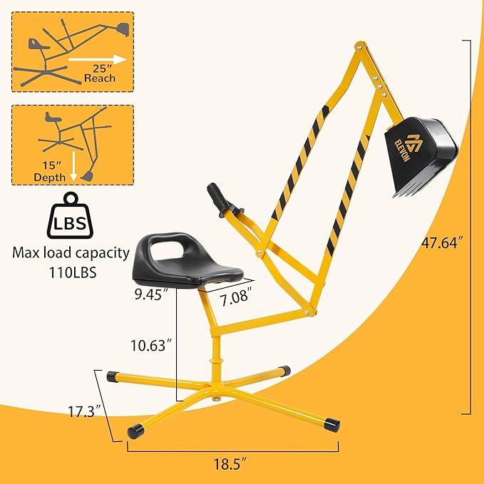 Elevon Sand Digger Kids Excavator Ride On Toy, Beach Toys Outdoor Sandbox Toy Digger, Steel Excavator Crane Rotates 360 with Stabilizing Base, Sand Toys Backyard Sandbox, Dirt and Snow - Yellow