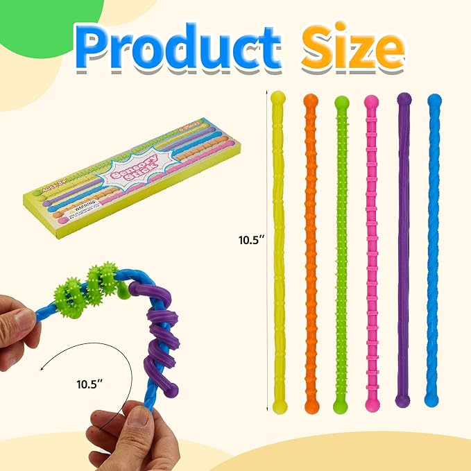 Fidget Toys Sensory Stick, Textured Stretchy Sensory Fidget Toys, Durable and Bendable Stress Relief Sensory Toys (6pack)