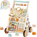 Baby Push Walker, Wooden Baby Walker with Wheels, Montessori Activity Center for 1 Year Old Boys Girls, Adjustable Speed & Height Push Toy for Toddlers, Educational Gift for Ages 1+ Kids Development