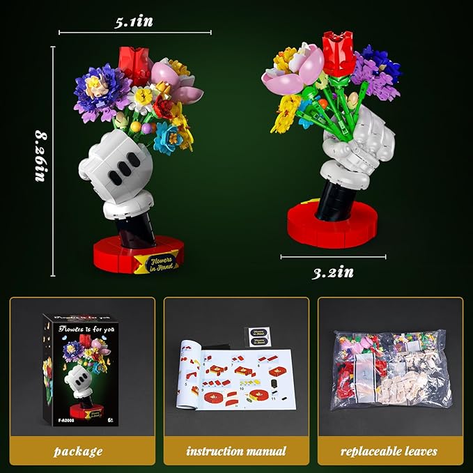 Floral Bouquet Building Set with Elegant Display Stand – Creative Artificial Flowers Kit for Home Decor, Mother’s Day & Valentine’s Gifts. Perfect for Ages 6+, a Thoughtful Present for Loved Ones!