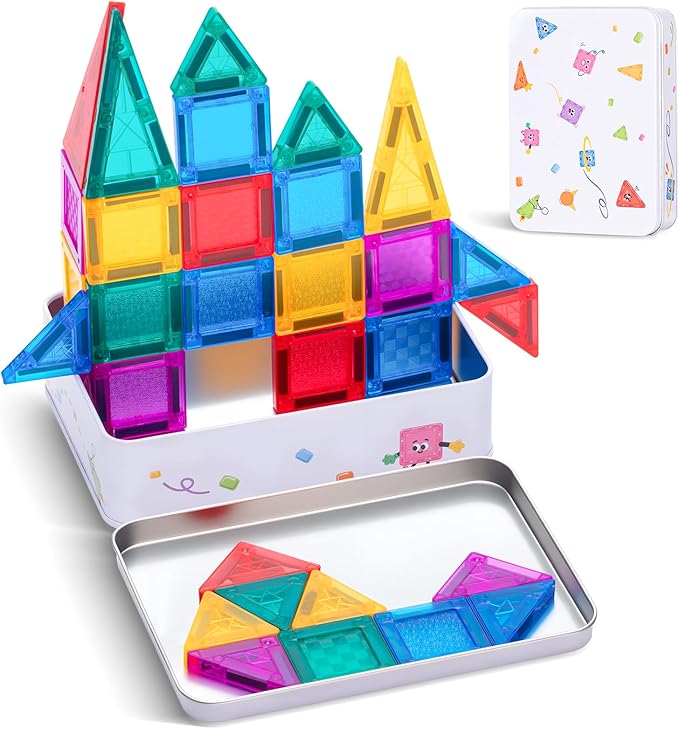 Mini Magnetic Tiles with Iron Case, 60 Pcs Travel Magnetic Toys Set, Magnet Building Block Set, Magnatiles for Toddlers 1-3, Travel Toys for Kids Ages 3+, Gifts for Boys & Girls Birthday Christmas