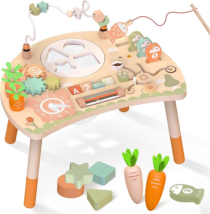 Activity Table for 1+ Year Old, 9-in-1 Montessori Wooden Activity Center with Shape Sorter Fishing Game Bead Maze, Baby Play Table Sensory Educational Toys for Toddler (Natural)