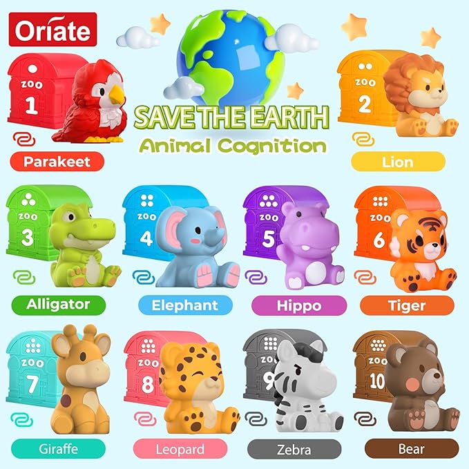Oriate Animal Toddler Learning Toys, 20Pcs Zoo Animals Sensory Toys for Toddlers 1-3, Counting Animals Color Sorting Montessori for Babies, Birthday Gift Party Favors, Kids Prize Box, 12+ Months