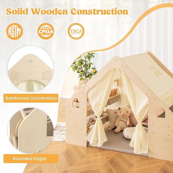 Costzon Large Kids Tent, 6-in-1 Wooden Frame Play House with Table and Chair Set, Blackboard, 6 Storage Bins & Soft Floor Mat, Indoor Playhouse for Boys Girls Aged 2-6 Years Old