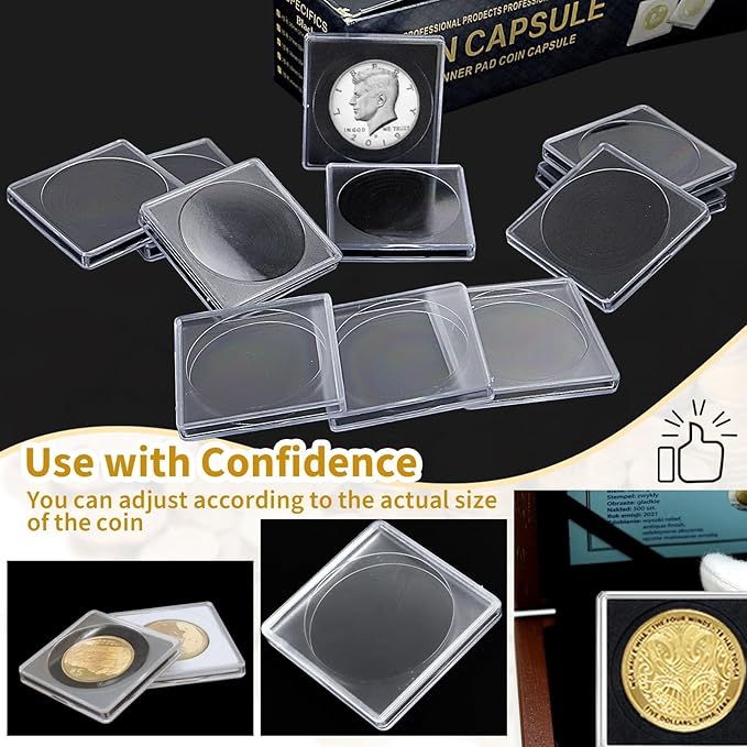 40 Pcs Adjustable Acrylic Coin Collection Cases with Sponges, Coin Snap Holder, Silver Dollar Protection Cases for Collectors, Coin Dollar Collection Supplies(20mm-40mm)