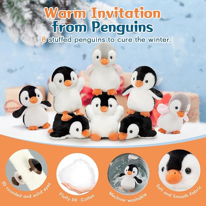 MaoGoLan 8 Pack Christmas Penguin Plush Toys 10 inch Arctic Stuffed Animals Bulk Stuffed Penguin Party Favors Classroom Decorations Valentine's Day Birthday Gifts for Kids Girls Boys