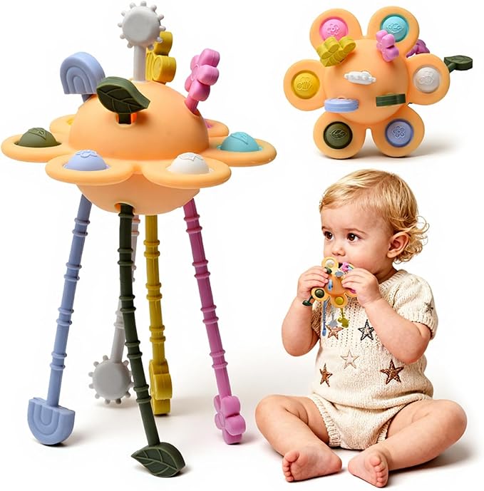 Silicone Baby Sensory Montessori Toys & Pull String Teething Toys for 6-12-18 Months, Toddler Birthday Gift Car Seat Airplane Travel Toy for 1 2 Year Old Boy Girl Infant 8 9 10 Months Old (Orange)
