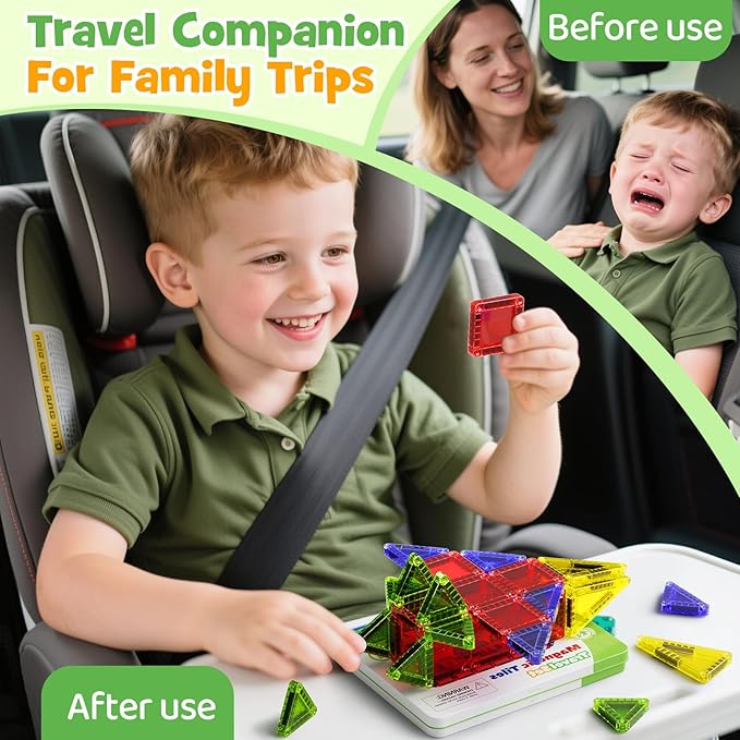Mini Magnetic Tiles - 26PCS Travel Magnetic Building Set with Storage Iron Box，STEM Educational Toys for Kids Ages 3+ ，Portable Construction Toys for Toddlers, Boys & Girls