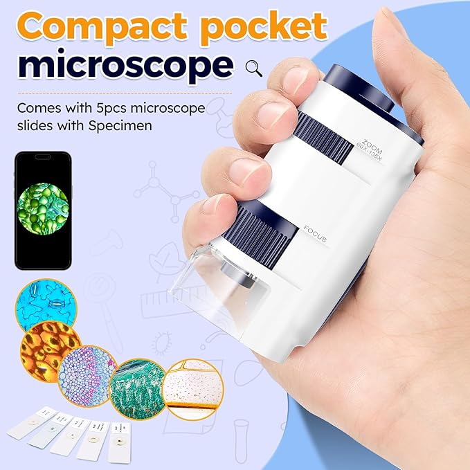 Handheld Portable Pocket Microscope for Kids - BEBANG Mini Lab Kids Microscope with 5 Prepared Slides LED Portable Microbiological Observation Miniscope Tool for Science Exploration