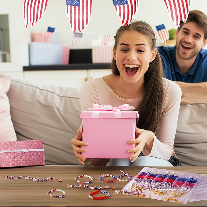 Goldwise 2958 Pcs 4th of July Red White and Blue Beads Bracelet Making Kit with Clay Beads Glass Seed Beads Tattoo Stickers, Patriotic Beads for Jewelry Making with Letter Beads and Charms