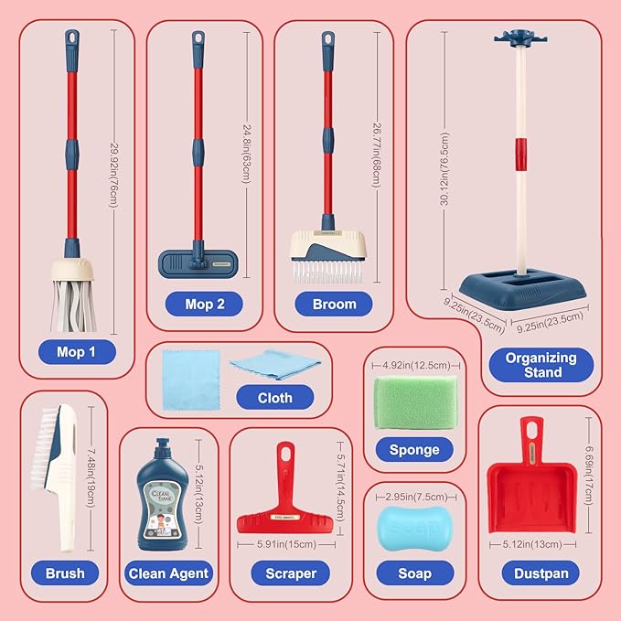 Jenilily Toddler Toys Cleaning Set, Kids Cleaning Toy Stand Set, Pretend Play Home Cleaning Tools Toys Playset，Broom, Dustpan, Mop, Duster