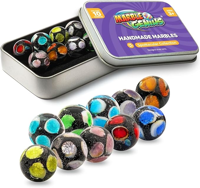 Marble Genius Collectors Marbles, Spots, 16mm (⅝ Inch), 10 Handmade Glass Marbles, Gifts for Marble Lovers, Gifts for Kids Ages 3+