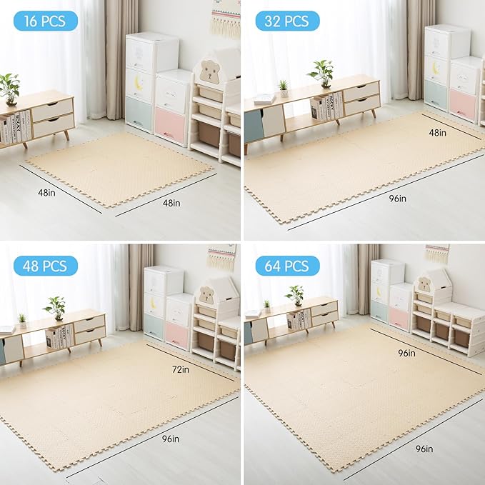 Coolcandy EVA Foam Play Mat, 16 Tiles Colorful Baby Play Mat, Square Kids Playmat with Solid Colored, 0.4" Thickened Interlocking Foam Floor Tiles, Puzzle Play Mat for Baby Lying, Playing (Beige)