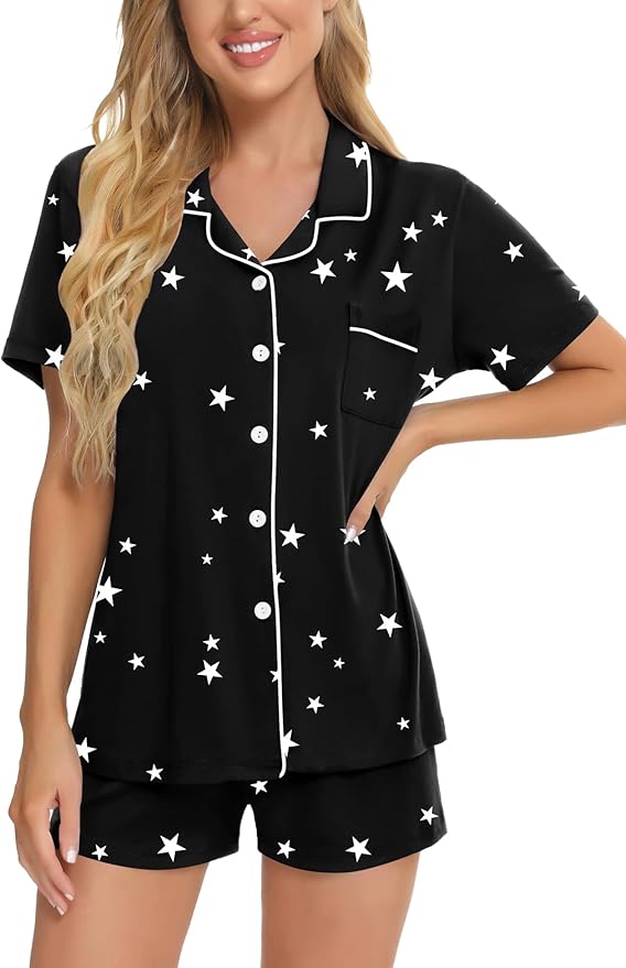 SWOMOG Womens Button Down Pajamas Set Short Sleeve Sleepwear Bride Soft Pj Lounge Sets XS-3XL