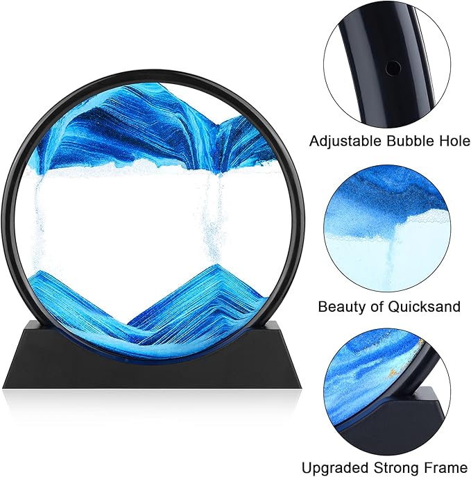 Moving Sand Art Picture - 3D Quicksand Painting Decor - Round Glass 3D Deep Sea Sandscape - Relaxing Home Decoration Desk Toys for Home Office Desk Mantle Bookshelf- (Blue, 12 in)