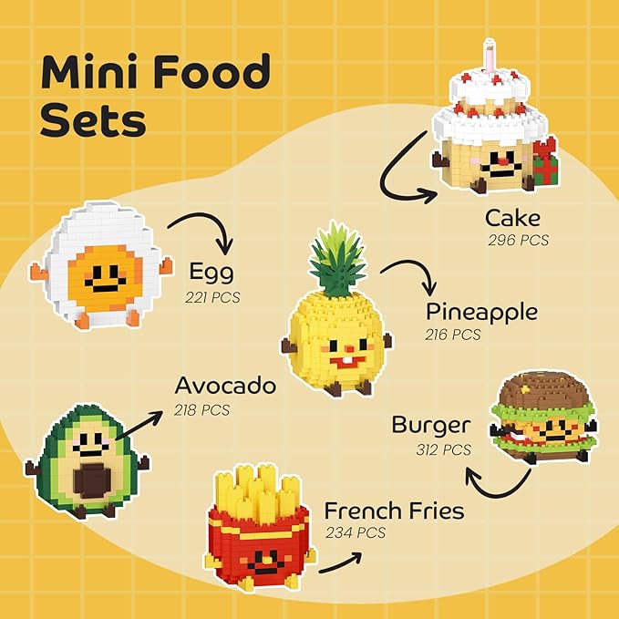 Mini Food Building Sets for Adults, Party Favors for Kids 8-12, Egg, Fruit & Cake Collectible Model Kits, Goodie Bag Stuffers, Classroom Small Prize Toys Gifts for Kids Girls Boys Age 8+ (6 Pack)