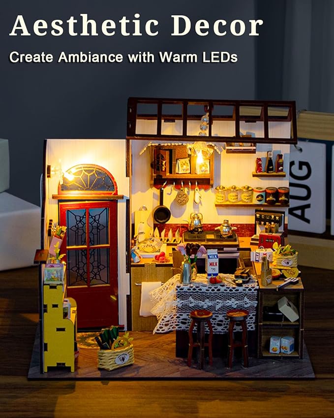 Miniature House Kit – Peta’s Kitchen, DIY Dollhouse with Furniture & LED, Wooden Tiny House Craft Gift for Adults Women Teens