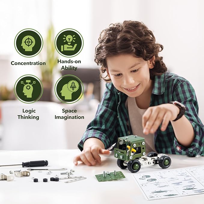 Military Truck STEM Building Toy Set for Boys Age 8-12 - Metal Army Toys Model Car Kits - Engineering Projects for Kids 6-10 - Vehicles