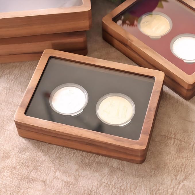 Walnut Wood Challenge Coin Display Case , Coin Box, Acrylic Clear Cover, 2 Slot Design, Compatible with Coins Measuring 17/20/25/27/30/35/40/46mm in Diameter and Less Than 3mm in Thickness