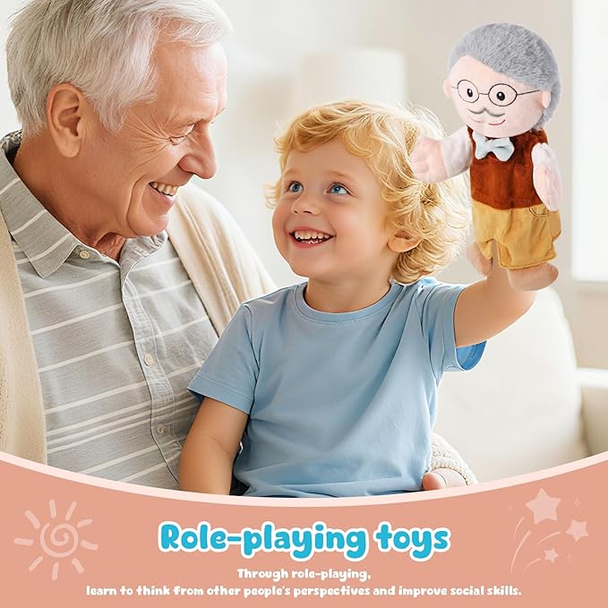 1 Pcs Family Hand Puppets 12 Inch Grandparents, Mom & Dad, Brother & Sister Plush Hand Puppet Toys Role-Play Toy Puppets for Kids Storytelling Imaginative Pretend Play Teaching Preschool(Grandpa A)
