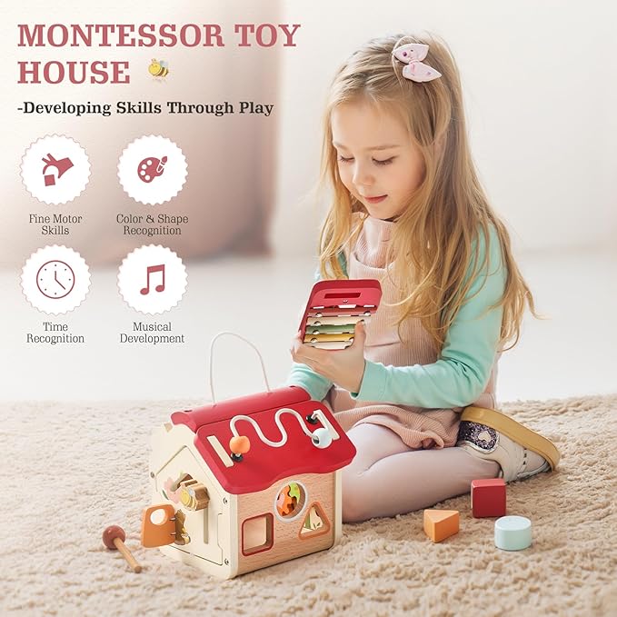 let's make Wooden Activity Cube 10-in-1 Montessori Toys Multi-Functional House Educational Toys Sensory Learning Activity Cube for Toddlers Babies 1st Birthday Gift
